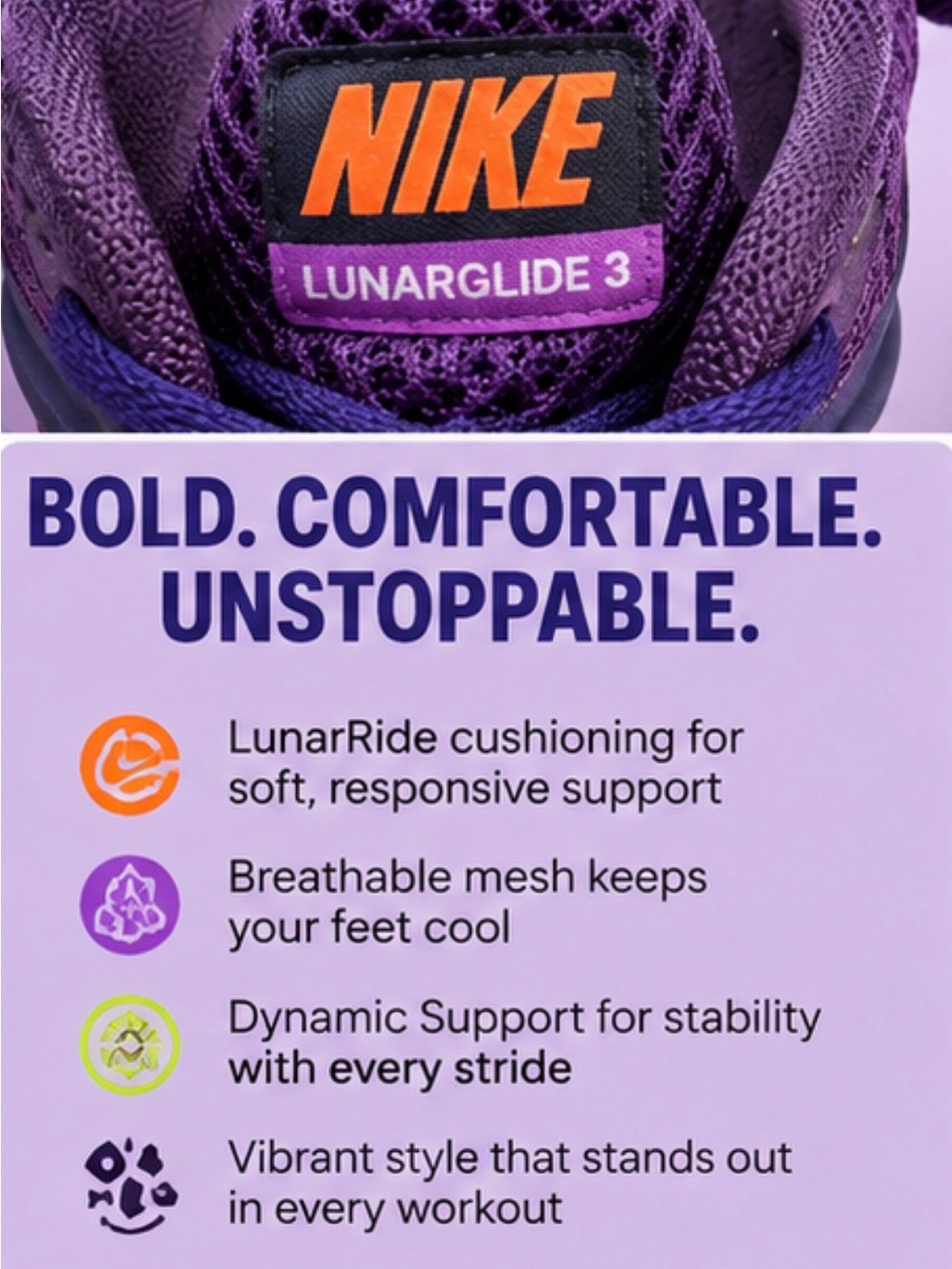Nike Lunarglide Women’s Athletic Shoe in Purple, Orange & Navy Accents size 9.5 - Picture 7 of 8